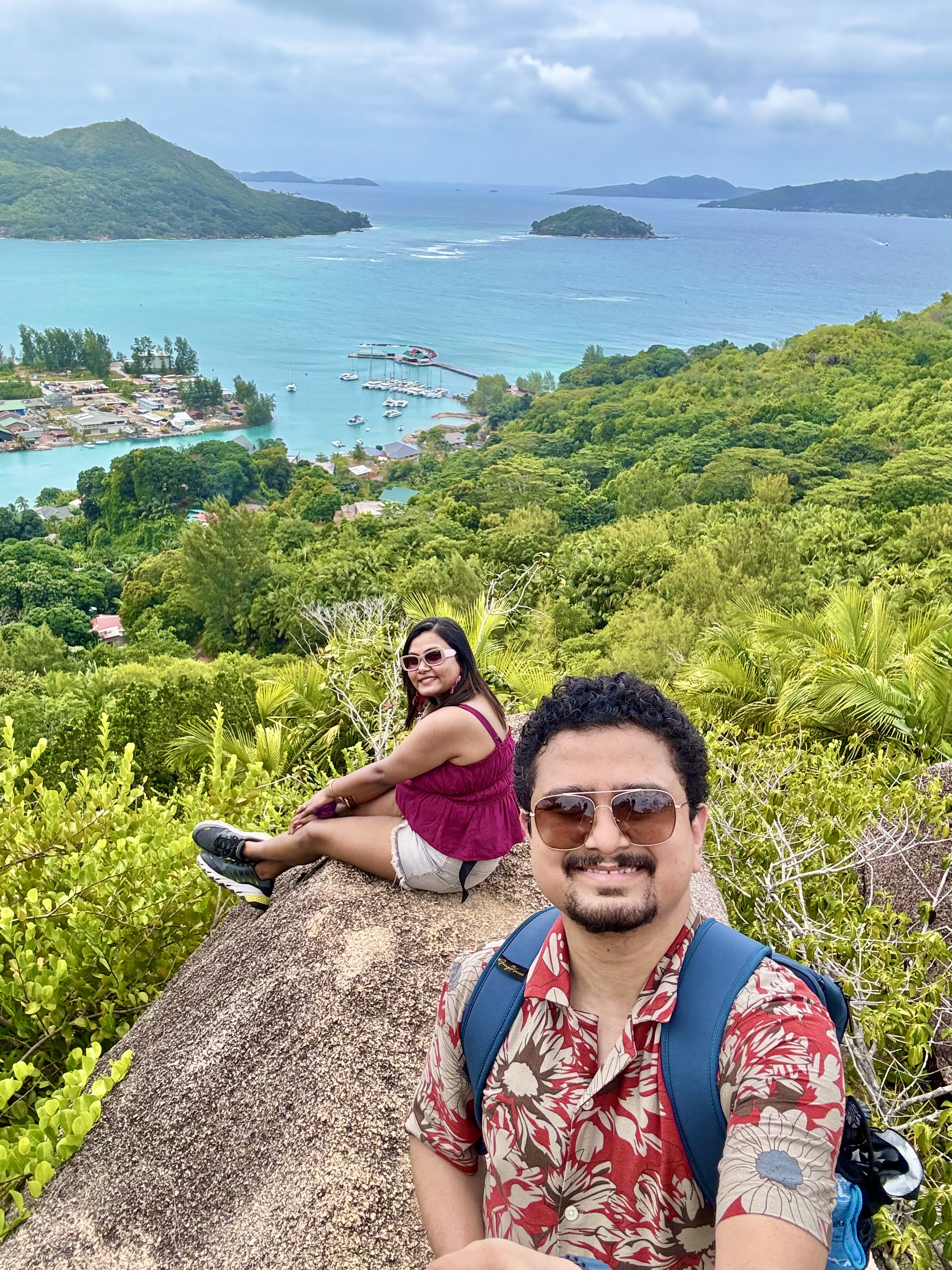 Looking down over the harbour and islands from a granite boulder in Seychelles